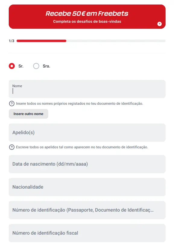 Formulário rápido para criar conta de jogador